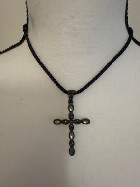 Cookie Lee Black Rope Cross Necklace with Iridescent Stones